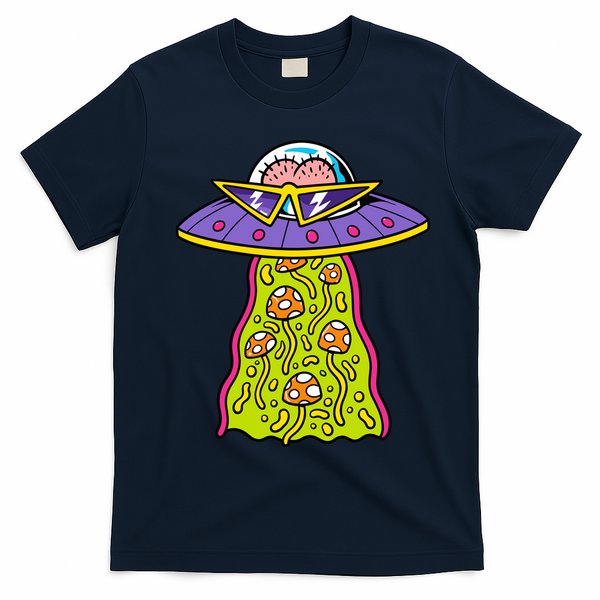 Alien UFO Funky Mushrooms Sci-Fi Fans T-Shirt - Navy Blue