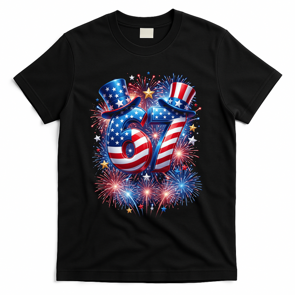 Birthday 67 American Flag 6-7 Meme USA 4th Of July America  T-Shirt - Black