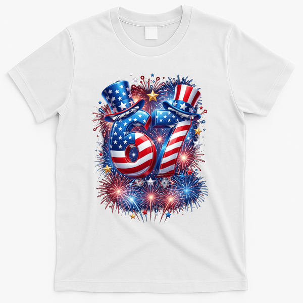 Birthday 67 American Flag 6-7 Meme USA 4th Of July America  T-Shirt - White