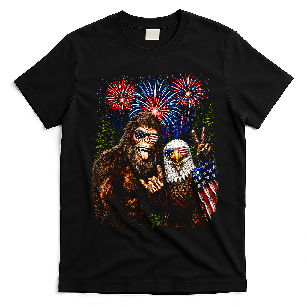 Bigfoot And Bald Eagle Fireworks Celebration T-Shirt - Black