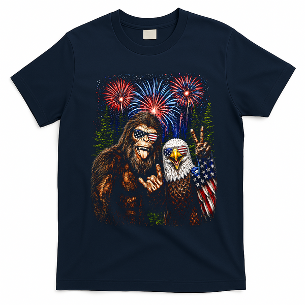 Bigfoot And Bald Eagle Fireworks Celebration T-Shirt - Navy Blue