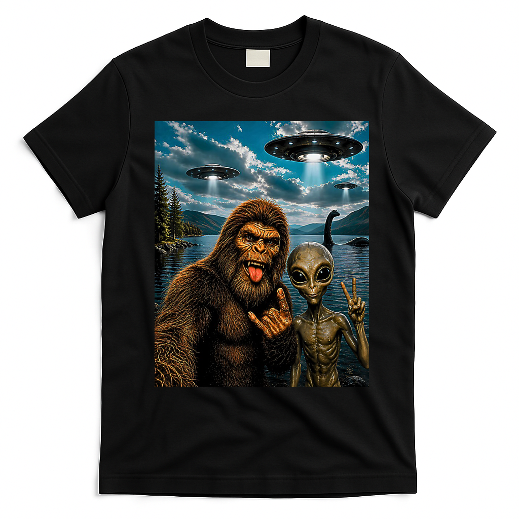 Bigfoot Alien Selfie Rock On Peace Sign UFO Sasquatch T-Shirt - Black