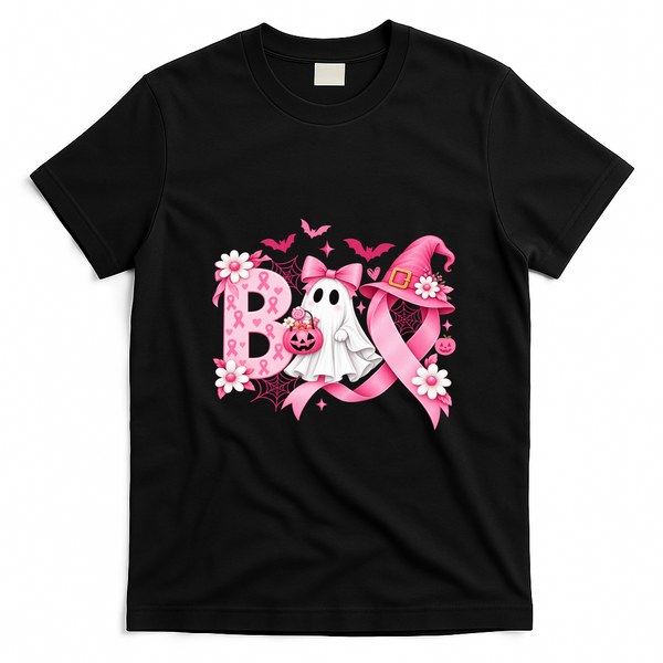 Boo Breast Cancer Awareness Ghost Witch Pink Ribbon T-Shirt - Black