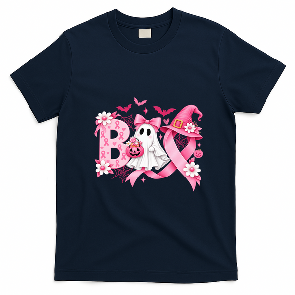 Boo Breast Cancer Awareness Ghost Witch Pink Ribbon T-Shirt - Navy Blue