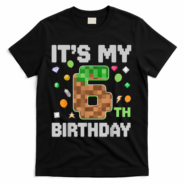 Birthday Boy It'S My 6th Birthday Gamer Pixel Number T-Shirt - Black