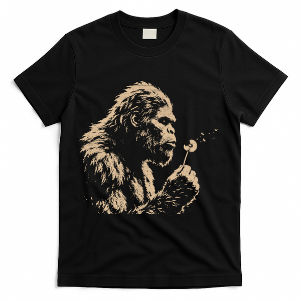 Bigfoot Blowing Wishes Funny Sasquatch Dandelion T-Shirt - Black
