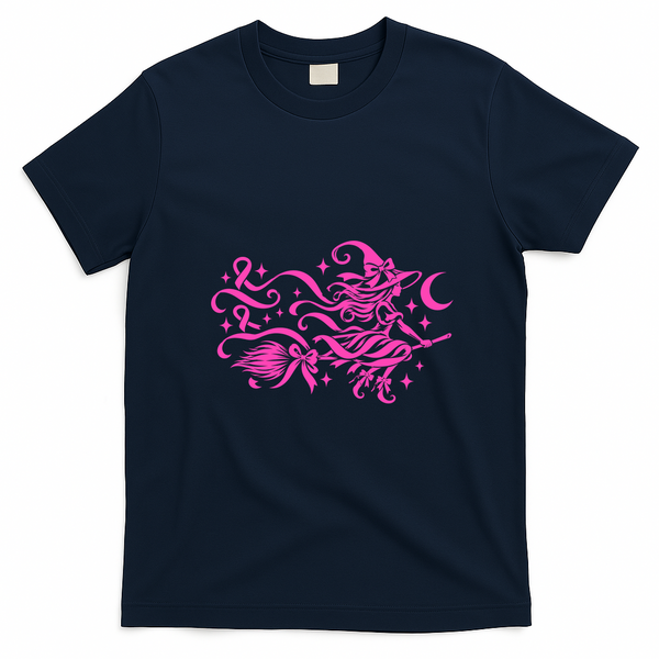 Breast Cancer Awareness Witch On Broom Halloween Pink Ribbon T-Shirt - Navy Blue