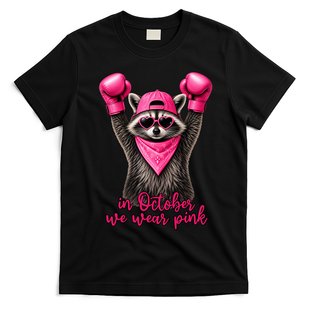 Breast Cancer Awareness In October We Wear Pink Raccoon T-Shirt - Black