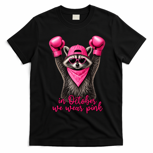Breast Cancer Awareness In October We Wear Pink Raccoon T-Shirt - Black