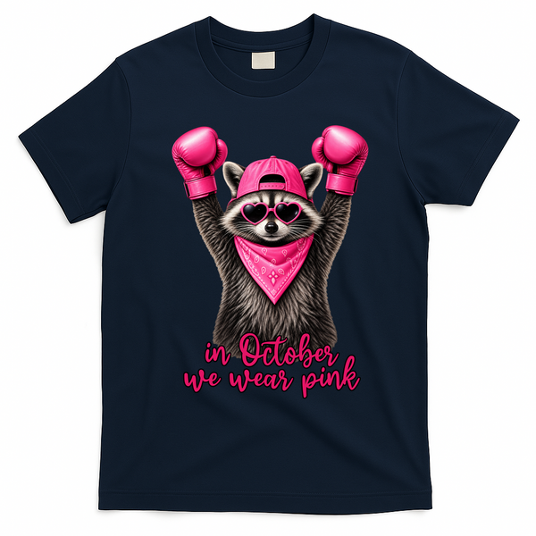 Breast Cancer Awareness In October We Wear Pink Raccoon T-Shirt - Navy Blue