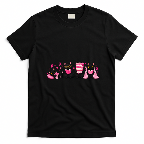 Breast Cancer Book Lover Cats T-Shirt - Black