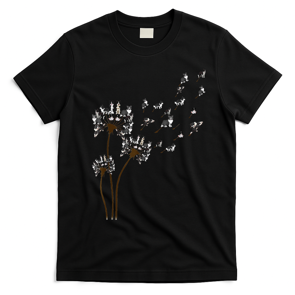 Border Collie Flower Fly Dandelion Funny Dog T-Shirt - Black