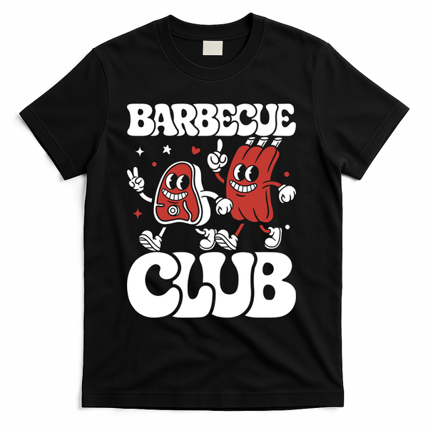 Barbecue Club Funny Cartoon Meat Lovers Retro T-Shirt - Black