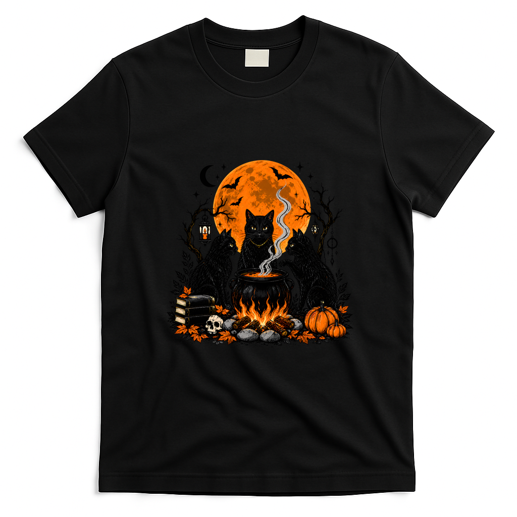 Black Cats Halloween Night Cauldron And Pumpkin T-Shirt - Black
