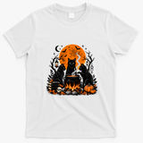 Black Cats Halloween Night Cauldron And Pumpkin T-Shirt - White
