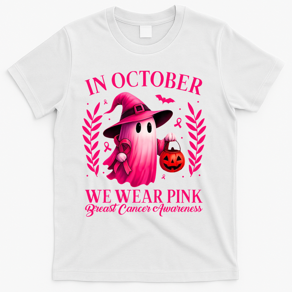 Breast Cancer Halloween Ghost Wear Pink In October T-Shirt - White