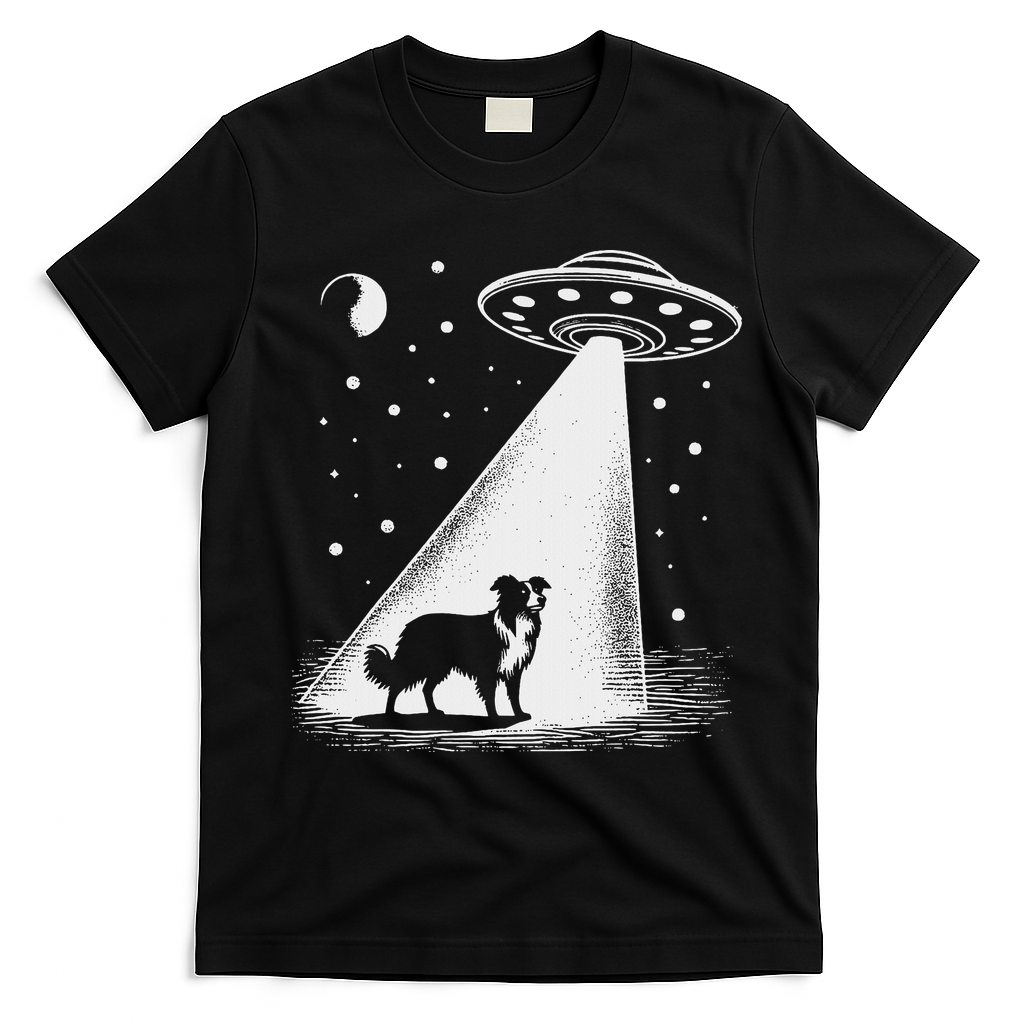 Border Collie Mom Dad Dog Funny Alien Ufo T-Shirt - Black