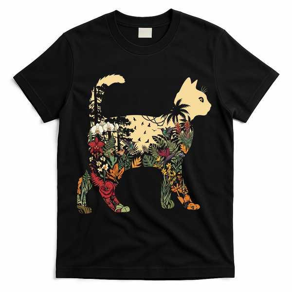 Boho Cat Plants Nature Trees Wild Flowers Graphic T-Shirt - Black