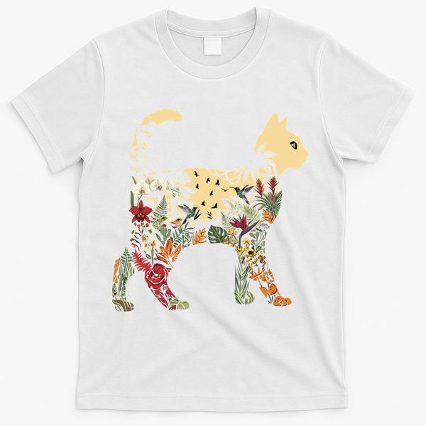 Boho Cat Plants Nature Trees Wild Flowers Graphic T-Shirt - White
