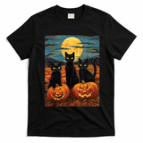Black Cat Starry Night Van Gogh Funny Halloween T-Shirt - Black