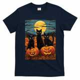 Black Cat Starry Night Van Gogh Funny Halloween T-Shirt - Navy Blue