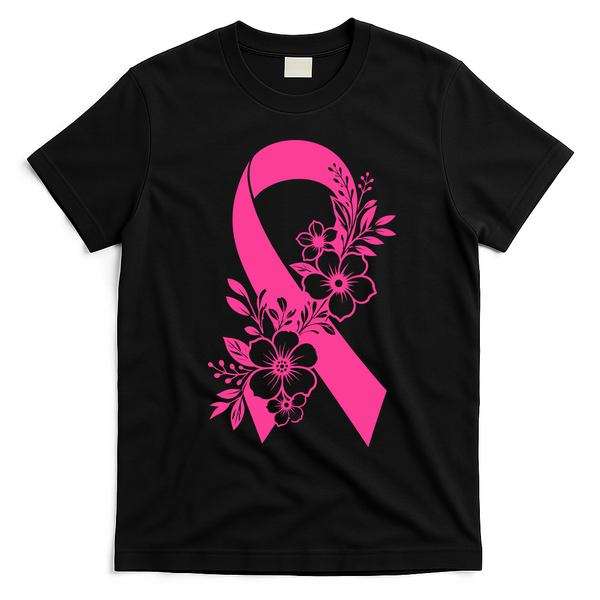 Breast Cancer Survivor Support Gift October Floral Pink Ribbon T-Shirt - Black