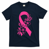 Breast Cancer Survivor Support Gift October Floral Pink Ribbon T-Shirt - Navy Blue