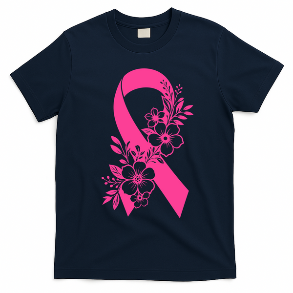 Breast Cancer Survivor Support Gift October Floral Pink Ribbon T-Shirt - Navy Blue
