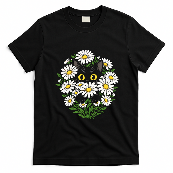 Botanical Cat Sun Flower Floral T-Shirt - Black