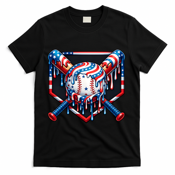 Baseball Drip American Flag 4th Of July T-Shirt - Black