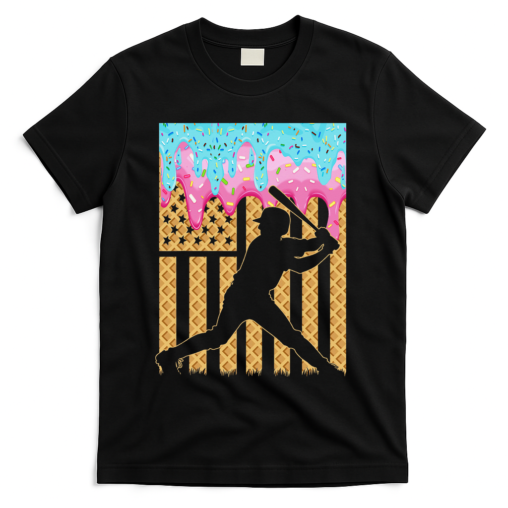Baseball Drip Bat Dripping Ice Cream American Flag T-Shirt - Black