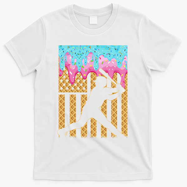 Baseball Drip Bat Dripping Ice Cream American Flag T-Shirt - White