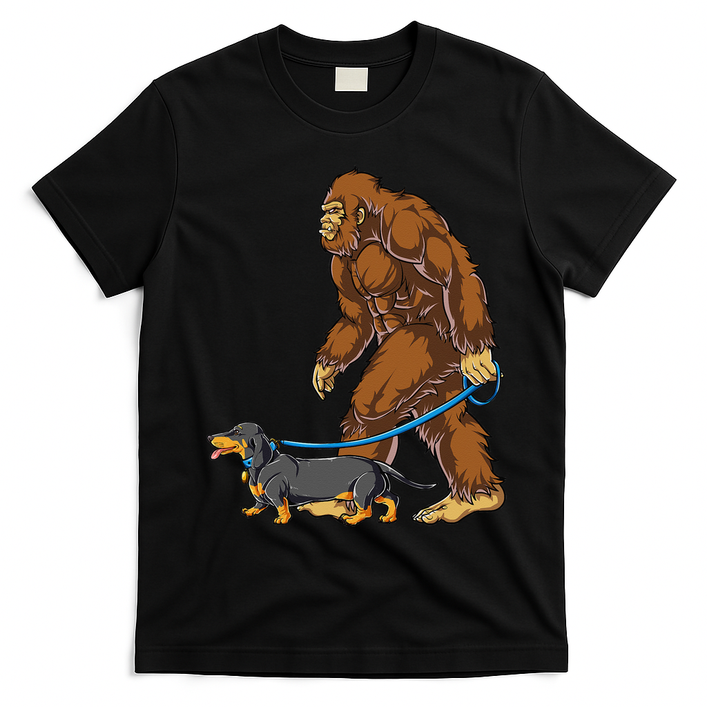 Bigfoot Dachshund Dog Walk Funny Sasquatch Lovers T-Shirt - Black
