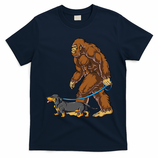 Bigfoot Dachshund Dog Walk Funny Sasquatch Lovers T-Shirt - Navy Blue