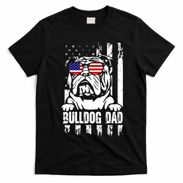 Bulldog Dad Father's Day English Bulldog Bull Dog Dad American Flag 4th Of July T-Shirt - Black