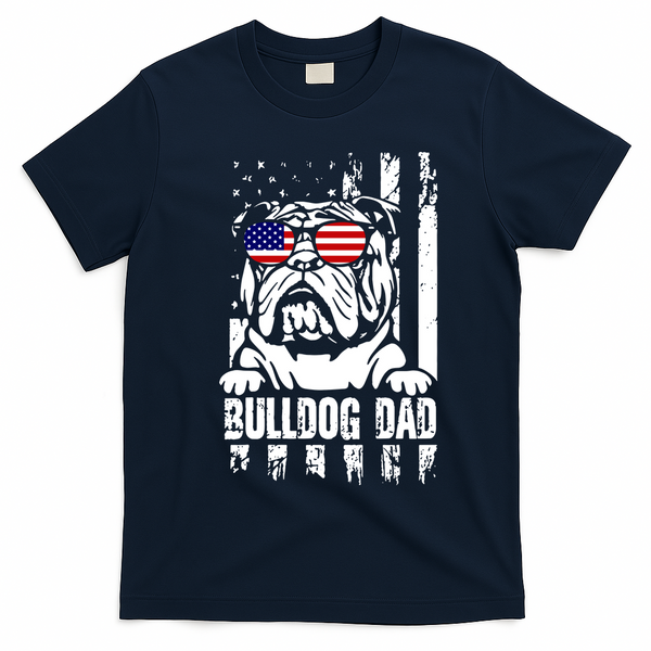 Bulldog Dad Father's Day English Bulldog Bull Dog Dad American Flag 4th Of July T-Shirt - Navy Blue