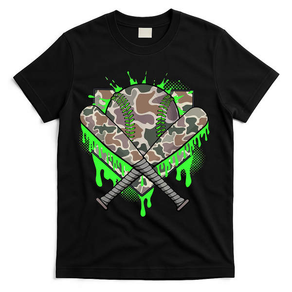 Baseball Drip For Boy Ice Cream Dripping Boy Baseball Camo  T-Shirt - Black
