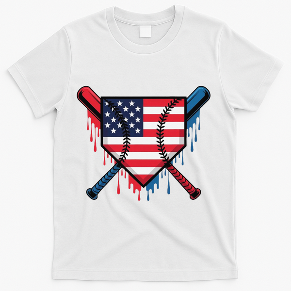 Baseball Drip Ice Cream Patriotic American Flag Funny T-Shirt - White