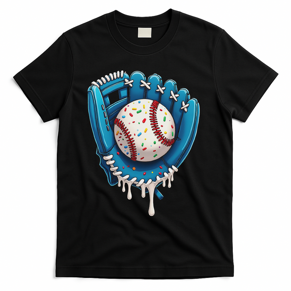 Baseball Drip Ice Cream Sprinkles Baseball Glove T-Shirt - Black