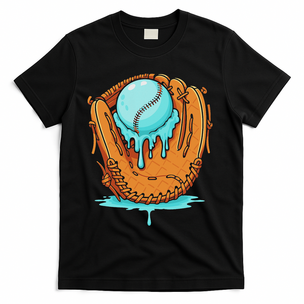 Baseball Drip Ice Cream Baseball Glove Dripping T-Shirt - Black