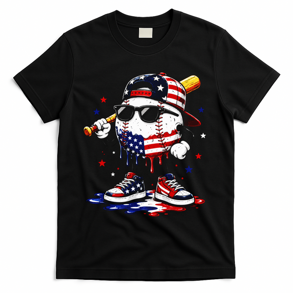 Baseball Drip Ice Cream 4th Of July American USA T-Shirt - Black