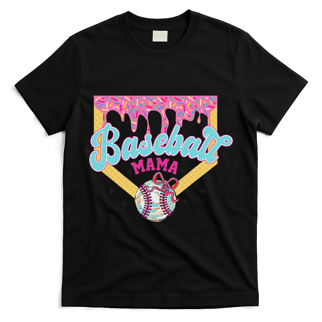 Baseball Drip Mama Ice Cream Drip Baseball Mom T-Shirt - Black