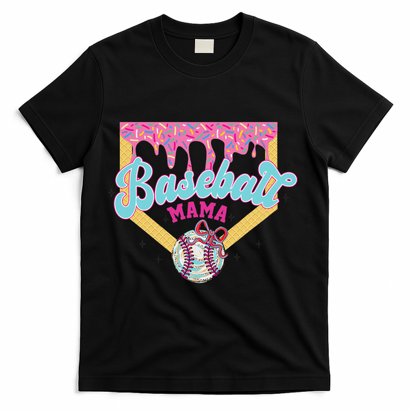Baseball Drip Mama Ice Cream Drip Baseball Mom T-Shirt - Black