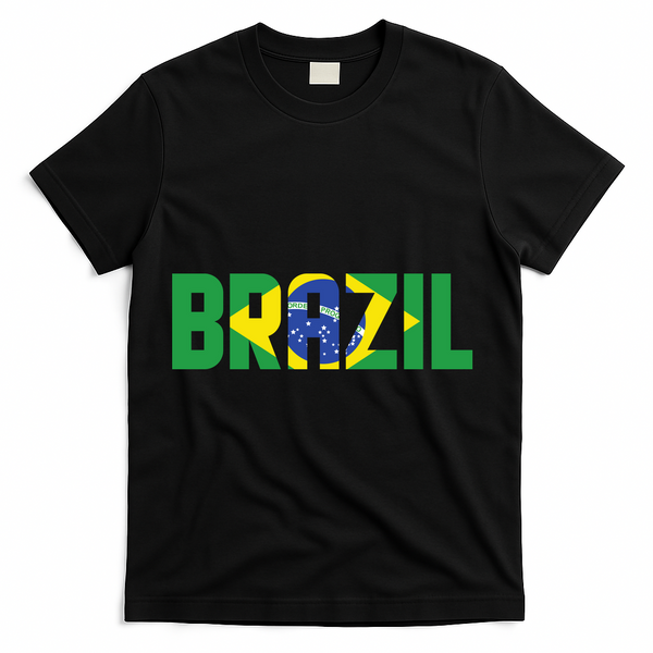 Brazil Flag Lettering Bold Graphic Apparel T-Shirt - Black