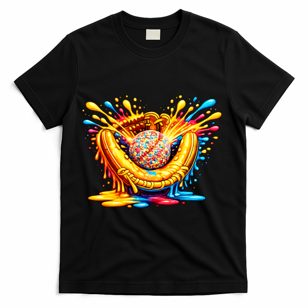 Baseball Glove Splatter Ice Cream Drip T-Shirt - Black