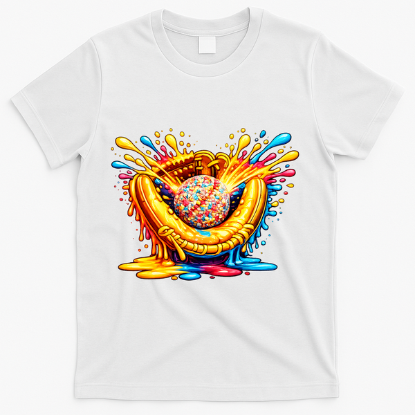 Baseball Glove Splatter Ice Cream Drip T-Shirt - White
