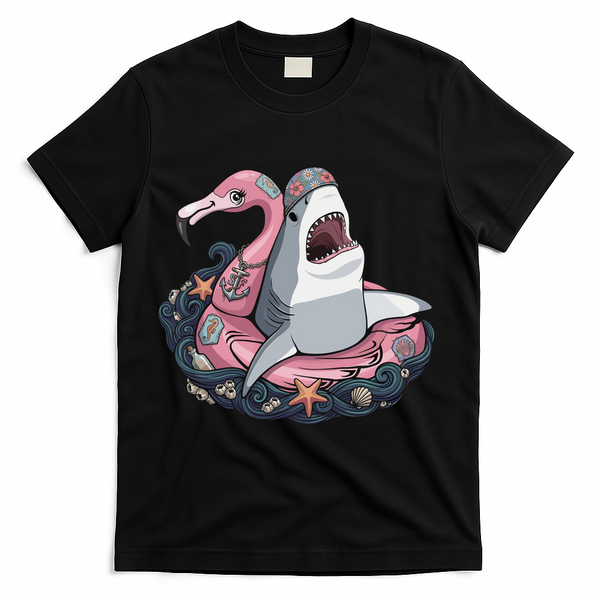 Beach Gone Wild Flamingo Shark T-Shirt - Black