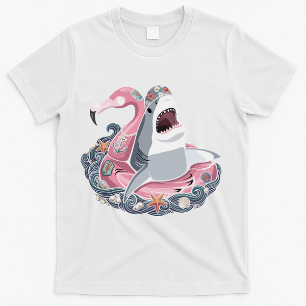 Beach Gone Wild Flamingo Shark T-Shirt - White