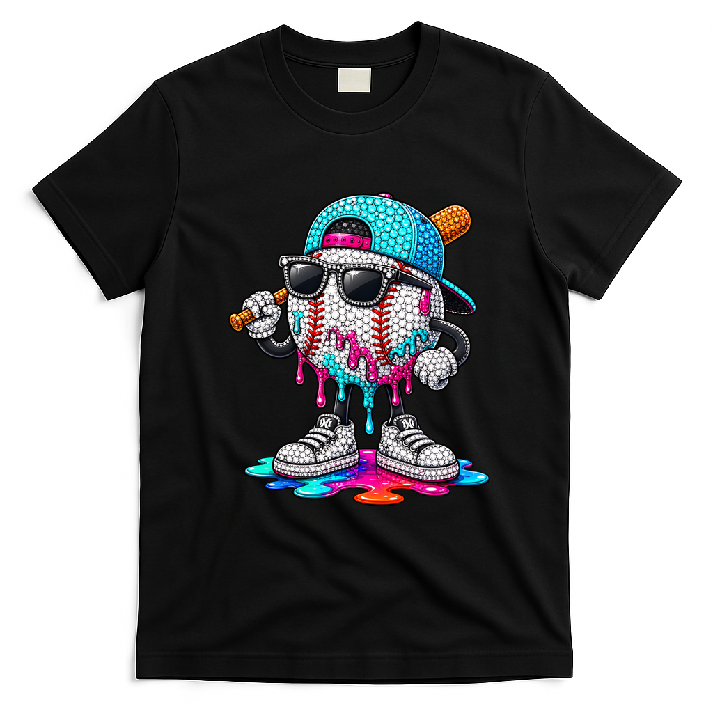 Baseball Happy Colorful Polka Dot Day Ice Cream Drip T-Shirt - Black