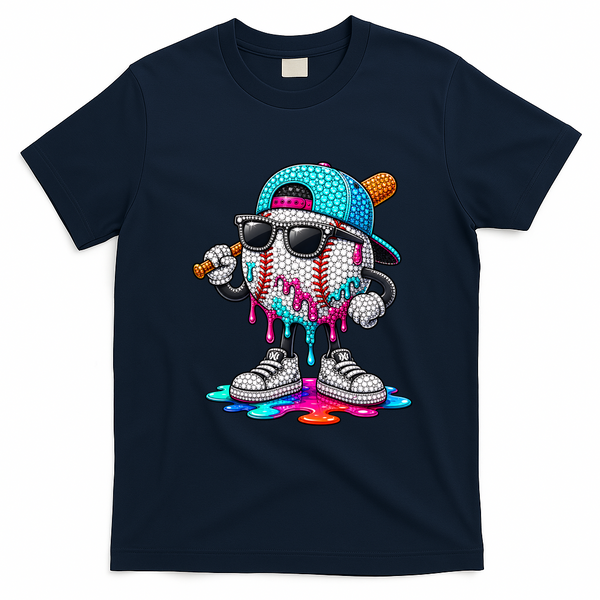 Baseball Happy Colorful Polka Dot Day Ice Cream Drip T-Shirt - Navy Blue